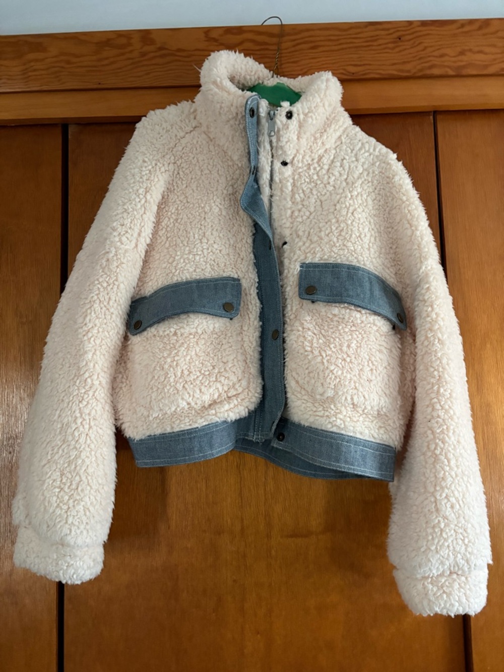 Urban Outfitters Cream Sherpa Jacket with Denim Trim
